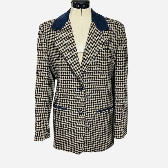 JL COLEBROOK Mohair Wool Houndstooth Blazer Women Small Navy Tan Career Business - Picture 1 of 16